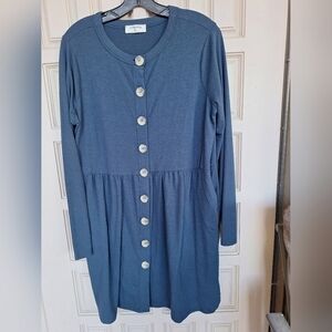 Zenna Dress SzXl Basic Button Front Gather Waist Blue Shorter Lng Sleeves Pocket